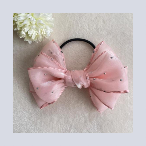 ラインストーン付きシアーリボン♡ 《ピンク.オフホワイト》 ヘアゴム