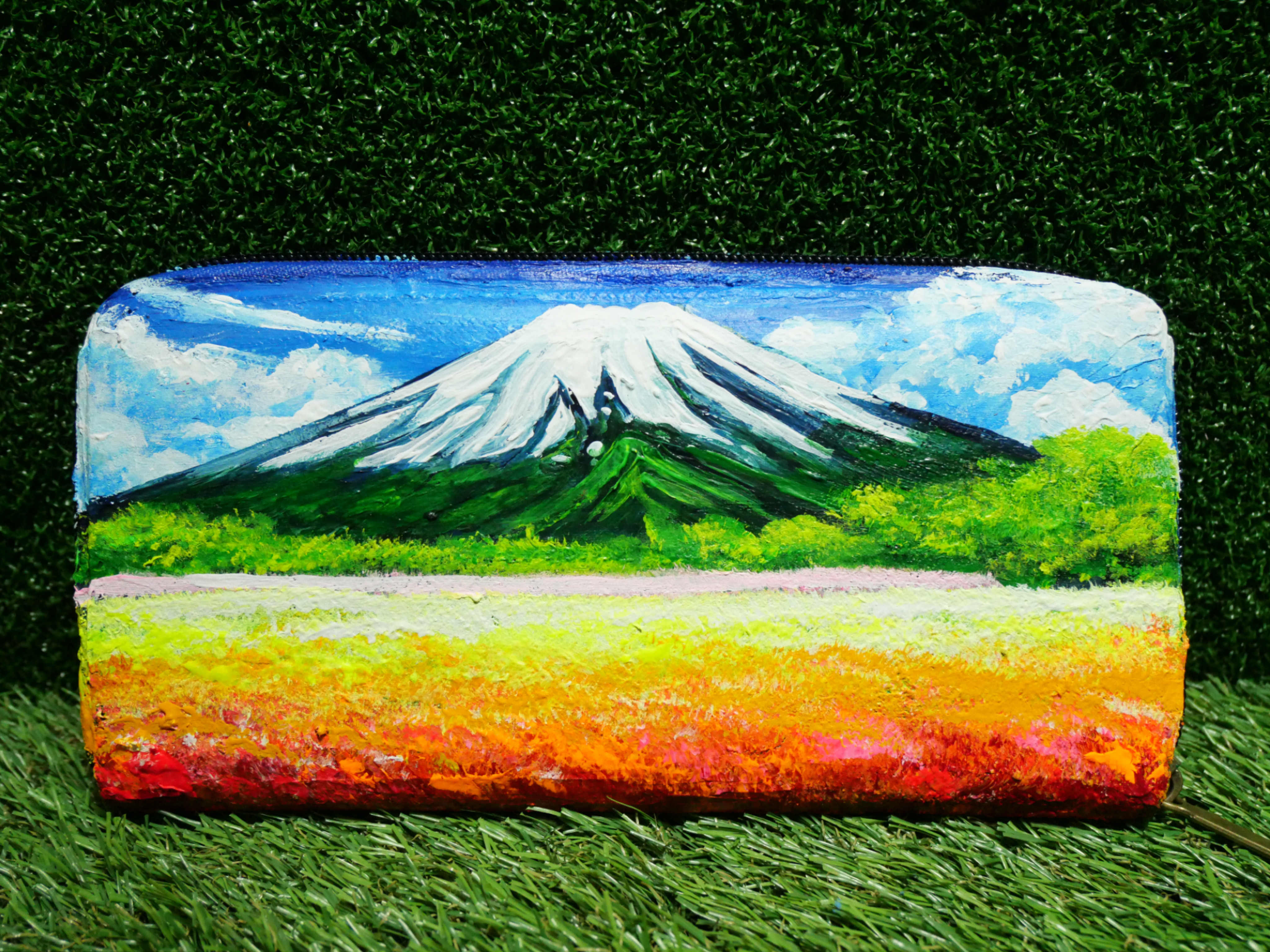油絵 絵画 長財布【お花畑と満月の富士山】 絵画 HR 通販