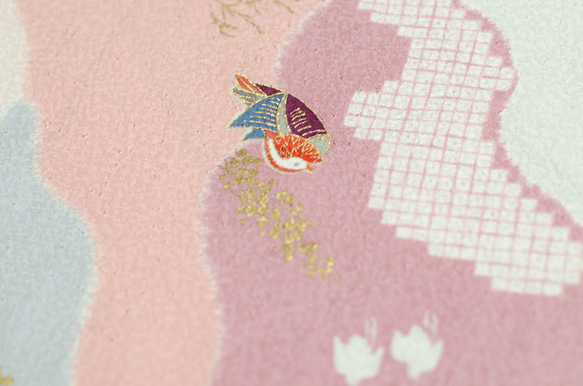 正絹　ピンク道長取り鴛鴦柄はぎれ　1.1m 和小物、つまみ細工などに 3枚目の画像