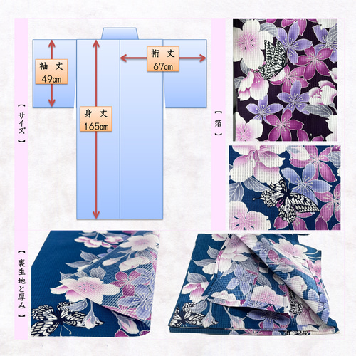 京染浴衣 浴衣単品 「桜と蝶」 濃水色地 箔入り 綿紅梅 綿100