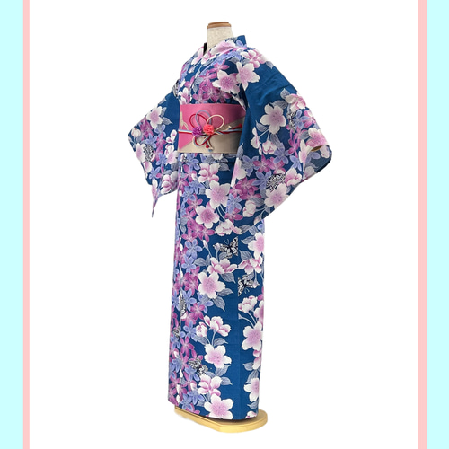 京染浴衣 浴衣単品 「桜と蝶」 濃水色地 箔入り 綿紅梅 綿100
