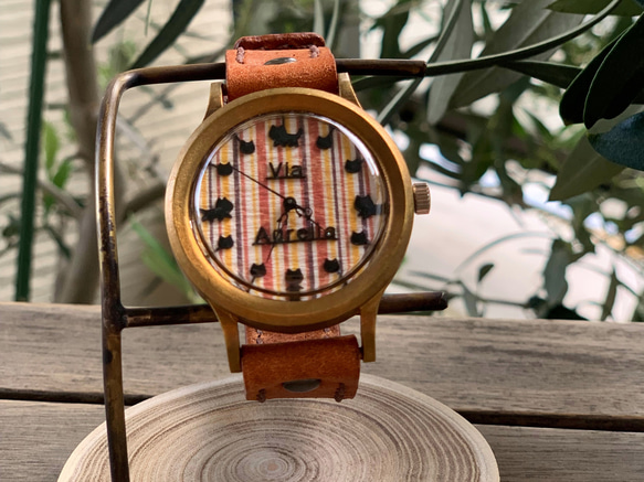 手工手錶Via Aurelia（黑貓條紋錶盤&amp;義大利牛皮（棕色）） 第2張的照片