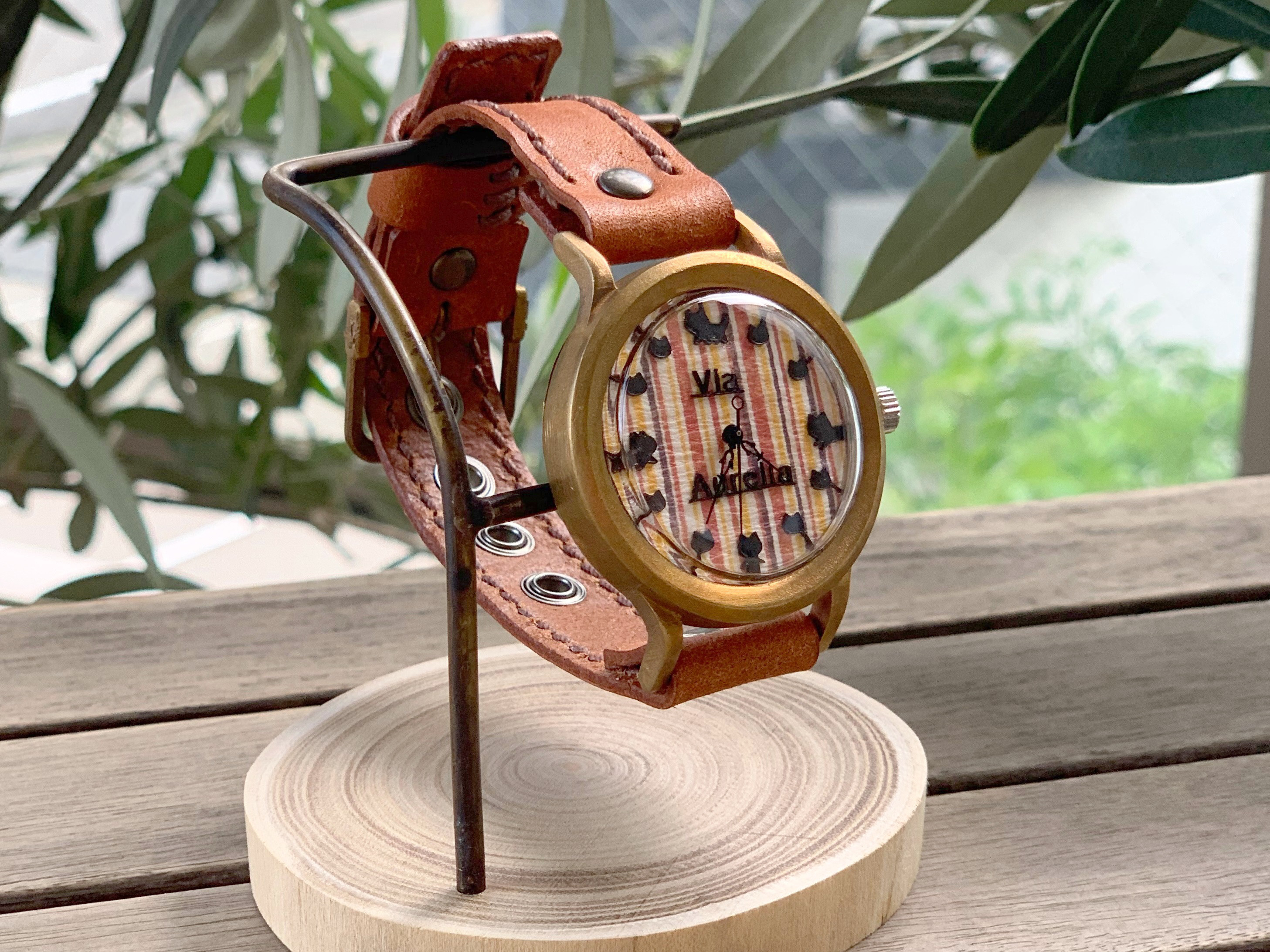 手作り腕時計　Via Aurelia（黒ねこ縞模様文字盤&イタリア牛革（茶色））