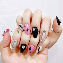 ワンホンネイル ブラック ピンク ハート 春 夏 秋 冬 デート ネイル