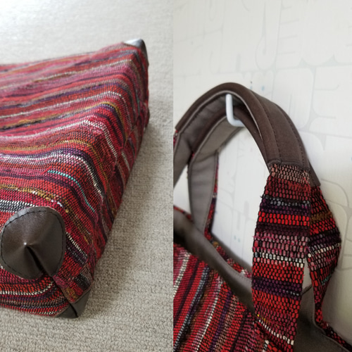 裂き織りトートバッグ 赤 縦ストライプ トートバッグ hiro 通販