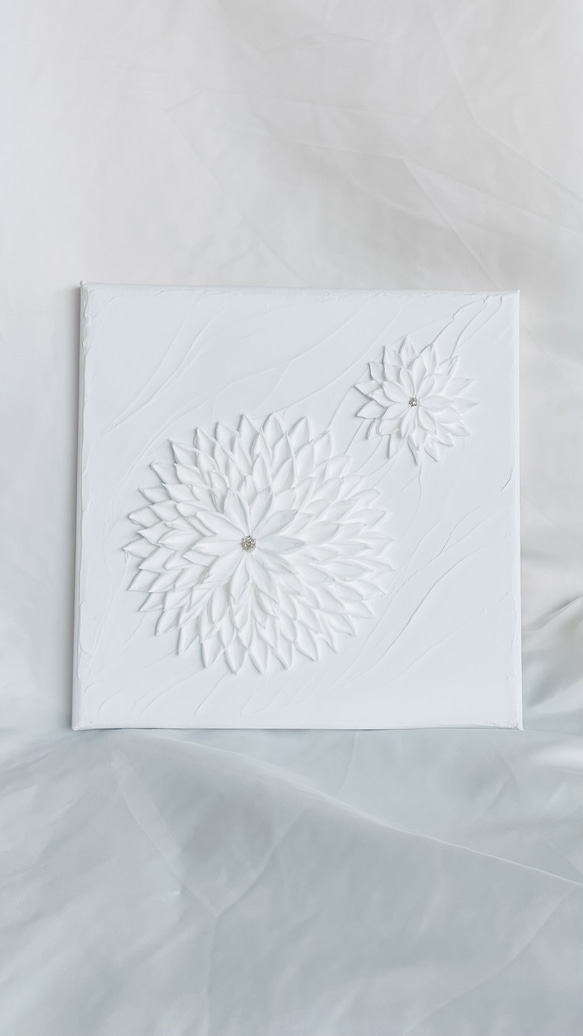 【送料無料】　ミニアートプレゼント付き！　テクスチャーアート　ホワイトアート　フラワーシリーズ　ホワイト　シルバー　 5枚目の画像