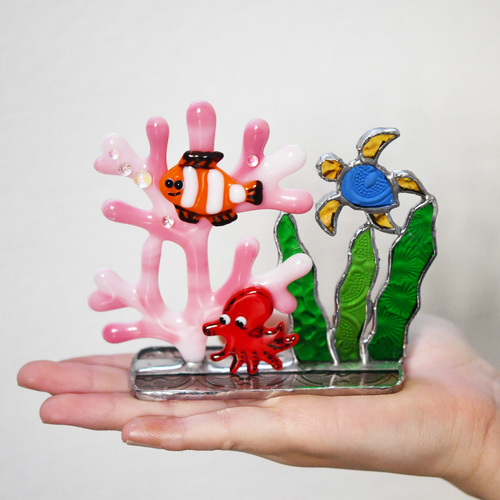 ステンドグラス サンゴの海の中 タコ 魚 ウミガメ その他インテリア