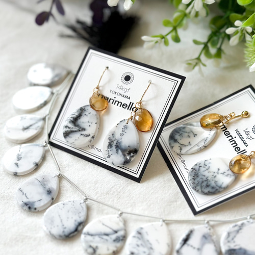 クリスマスローズ デンドライトオパールの水墨画みたいなアートピアス