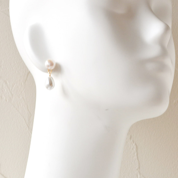 14kgf/freshwater pearl drop x freshwater button pearl stud 2WAY 第4張的照片