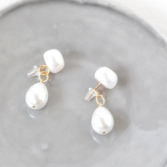 14kgf/freshwater pearl drop x freshwater button pearl stud 2WAY 第3張的照片