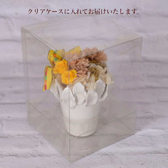 徳島産プリザーブドフラワー（ケイトウ）使用　イエロープリザアレンジ　クリアケース付き 5枚目の画像