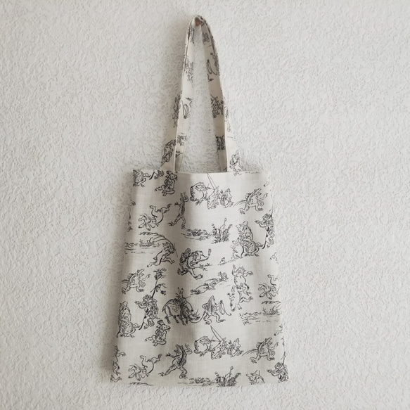 鳥獣戯画/生成り」コットンのA4ぺたんこトートバッグ サブ