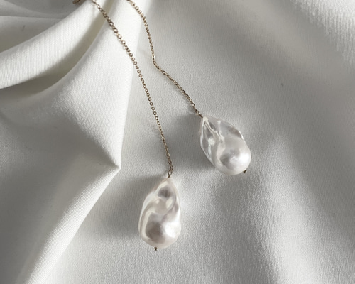 102Po【高品質✨】パールピアス　アメリカン　ロング　バロック　淡水真珠　3粒 102Pl【高品質✨】パールピアス アメリカン ロング バロック