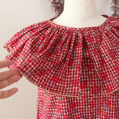2026年3月まで】即納 Ladies 大人可愛い夏のチェック柄ブラウス(レッド