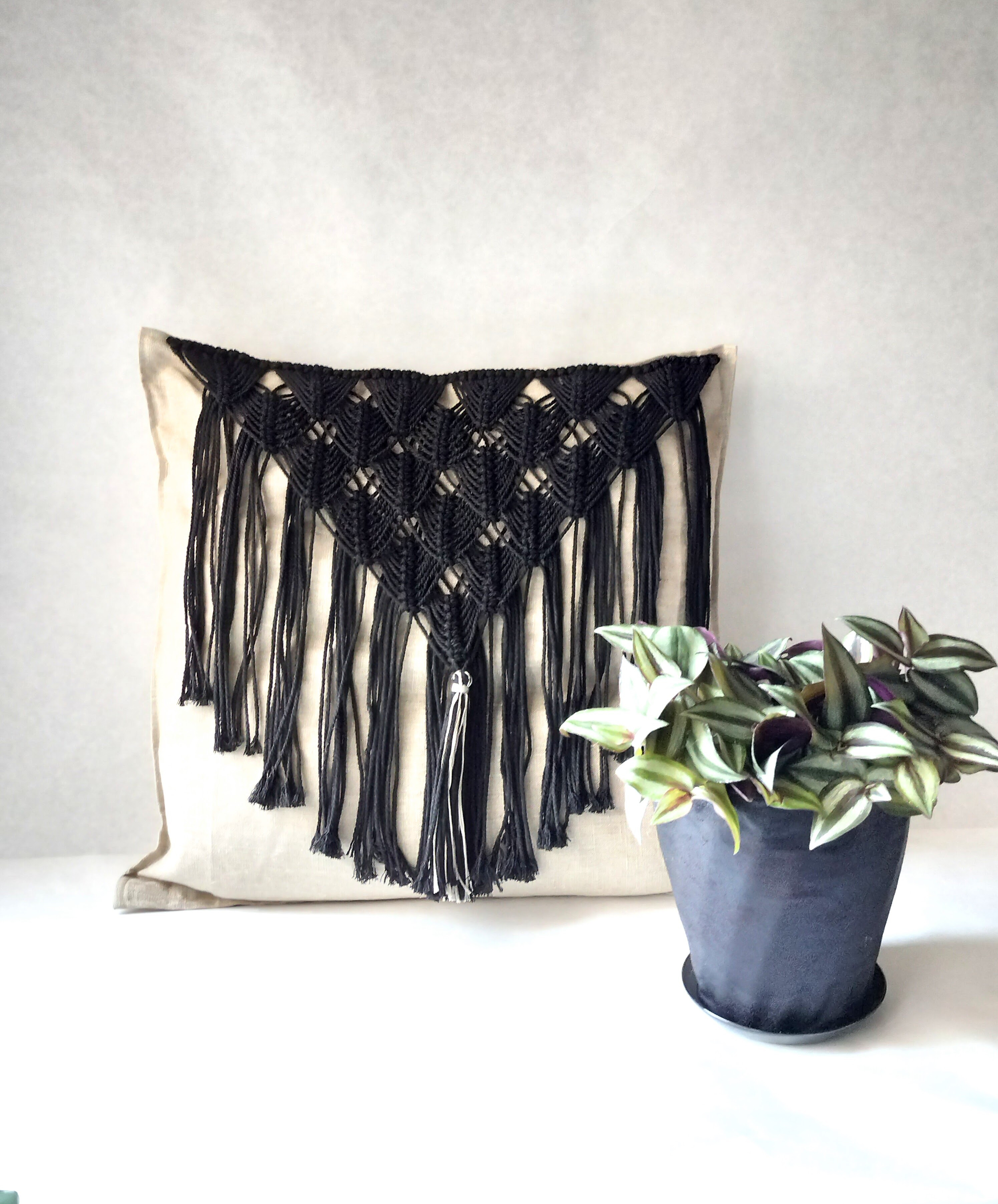 クッションカバー　クッション　マクラメ　高級麻　麻　一点もの