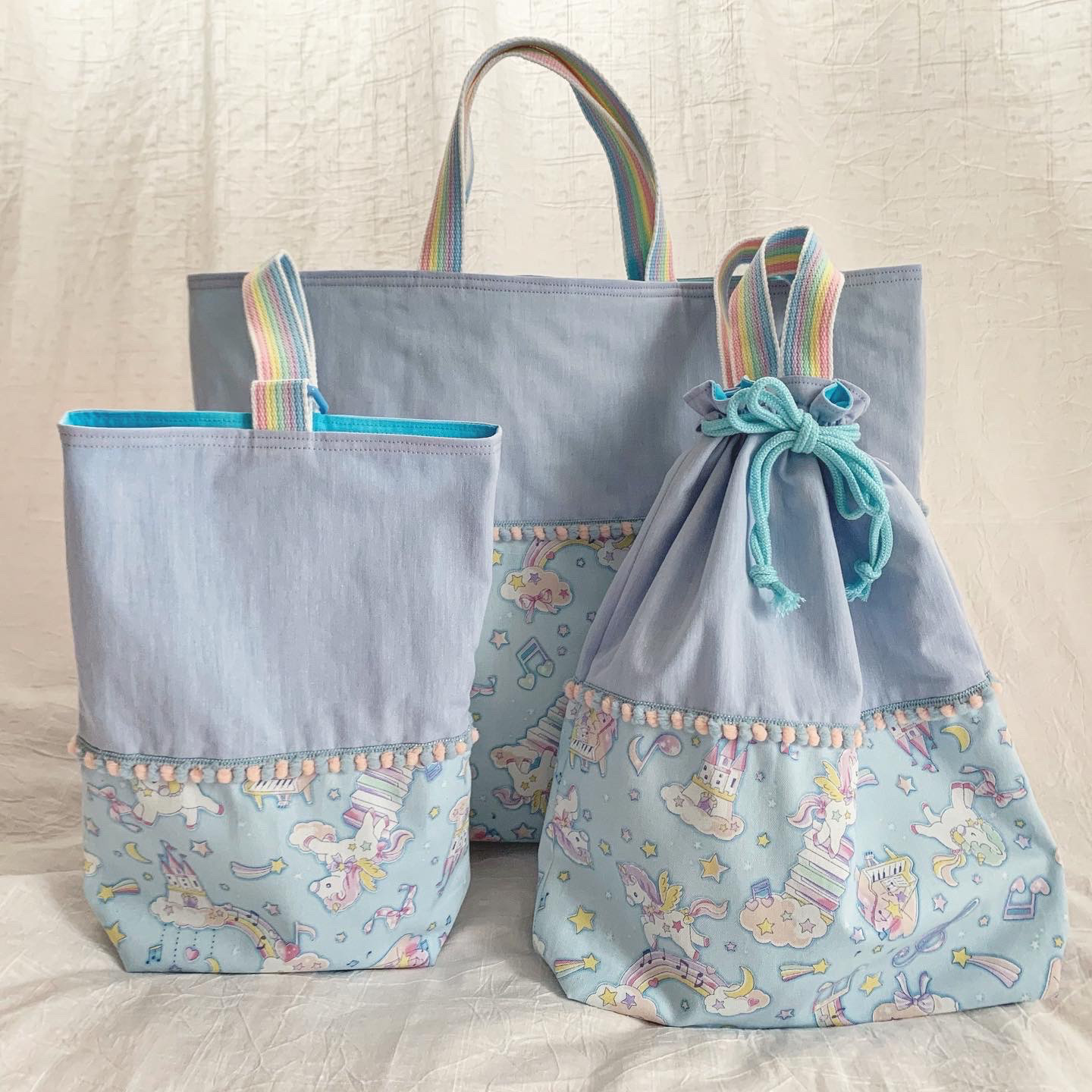 再販5‼︎入園入学2026☆3点セット♪ユニコーンとピアノ♪水色♡レッスンバッグ、体操着袋、シューズ袋⭐︎受注制作