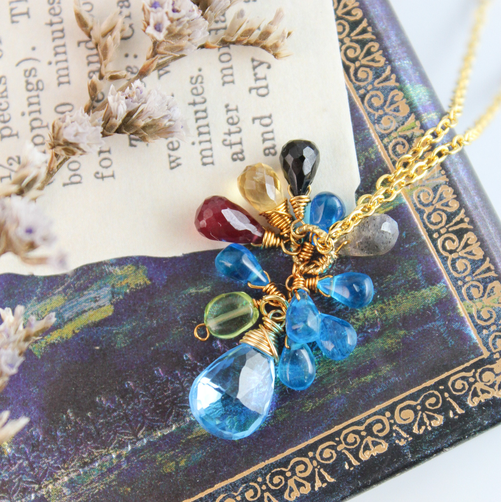 【青のネックレス】スイスブルートパーズ　アパタイト　ルビー