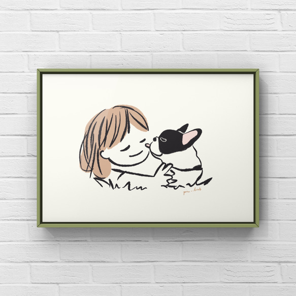 フレンチブルドッグ【草の上】A4ポスター　犬　ペット　イラスト　うちの子 1枚目の画像