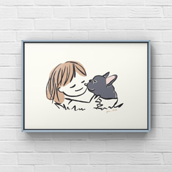 フレンチブルドッグ【草の上】A4ポスター　犬　ペット　イラスト　うちの子 2枚目の画像