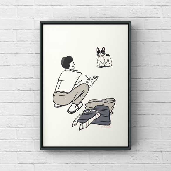 フレンチブルドッグ【おかえり】A4ポスター　犬　ペット　イラスト　うちの子 1枚目の画像