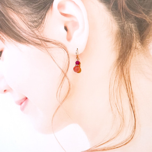 魅力を引き出す】14kgf インカローズとルビーのピアス 天然石ピアス 