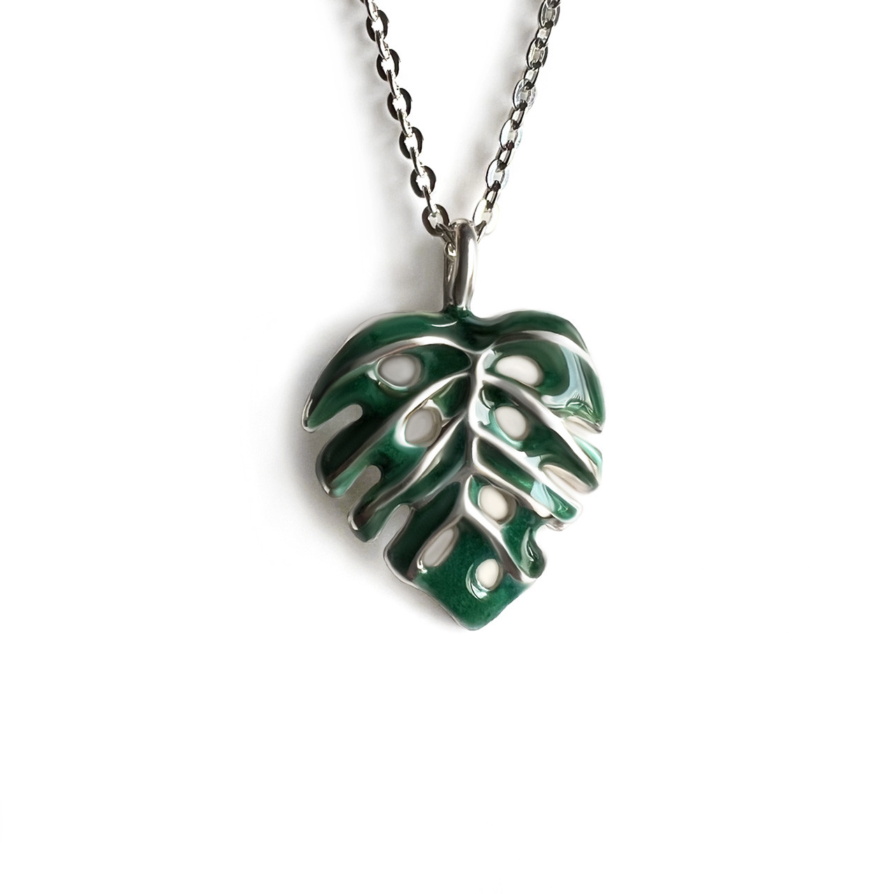 Monstera Enamel Pendant - Silver