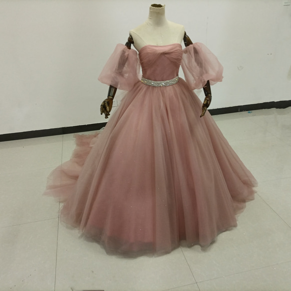 送料無料！ピンク カラードレス ラッフルフリル 挙式 キラキラチュール  