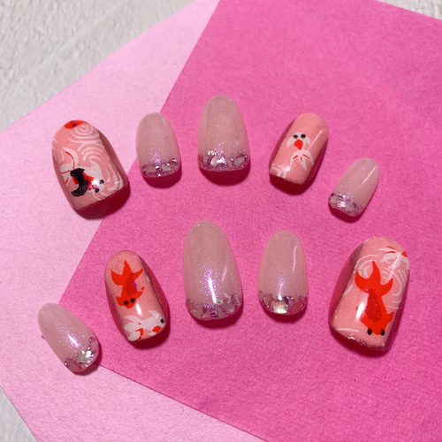 ネイルチップ 美濃友禅／金魚】サイズオーダー 和柄ネイル 振袖 袴  