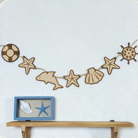 【送料無料】 夏 インテリア ガーランド 韓国インテリア 夏飾り 木製 壁飾り 夏雑貨 海 イルカ 貝殻 ヒトデ 2枚目の画像