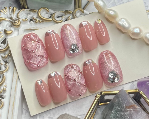 サイズオーダー♡ハートフレンチ×キルティングネイルチップ order nail