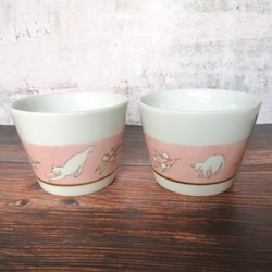 のびのび猫とオリーブのフリーカップ　ピンク　蕎麦猪口　手描き　 5枚目の画像