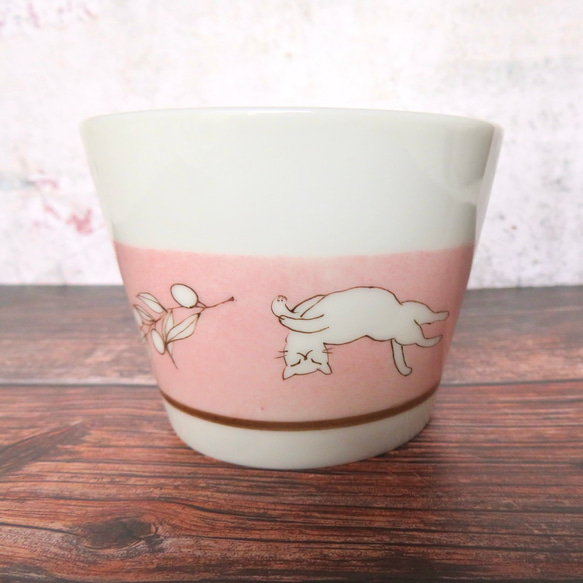 のびのび猫とオリーブのフリーカップ　ピンク　蕎麦猪口　手描き　 4枚目の画像
