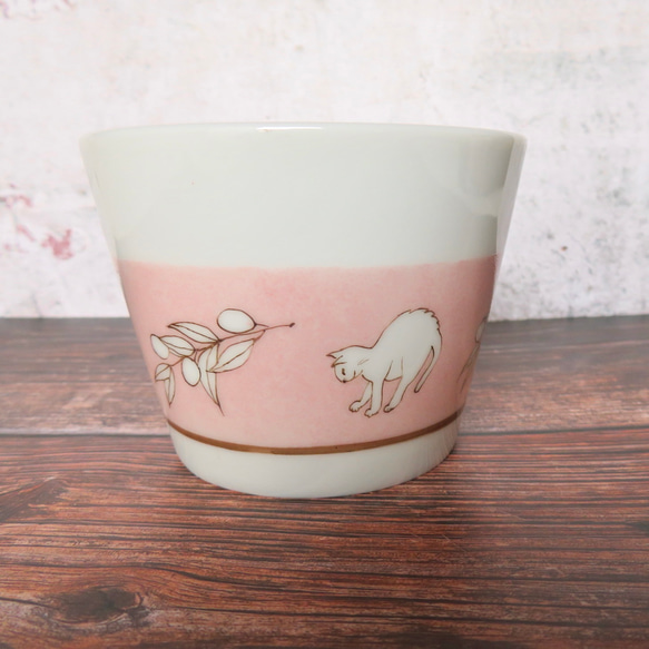 のびのび猫とオリーブのフリーカップ　ピンク　蕎麦猪口　手描き　 3枚目の画像