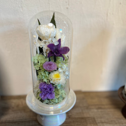 プリザーブドフラワー 供花 仏花 ガラスドーム ボトルフラワー （大）花器ホワイト、ブラウン 4枚目の画像