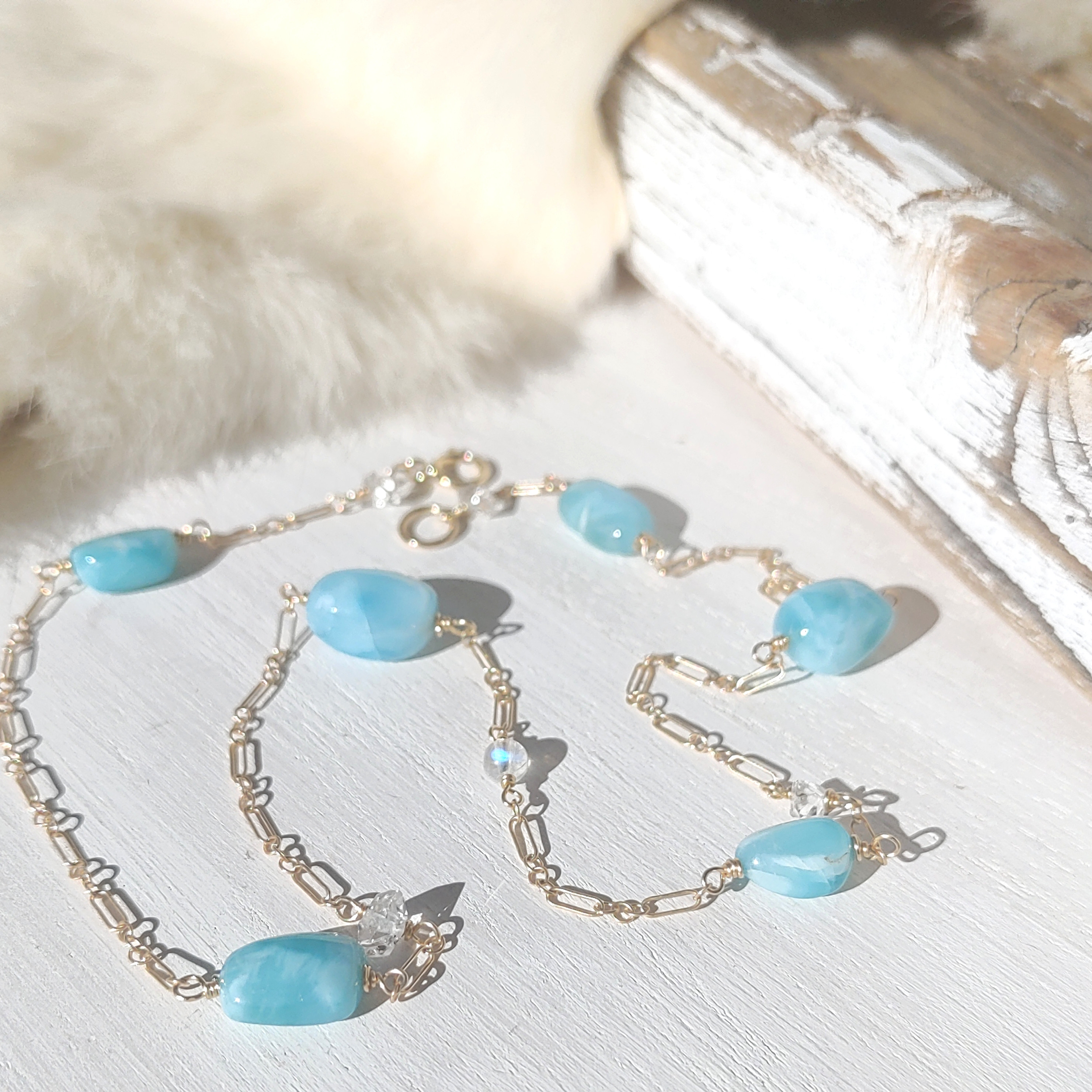 ❁Larimar station necklace All 14kgf❁美しい超トップクオリティラリマー＆ハーキマーダイ