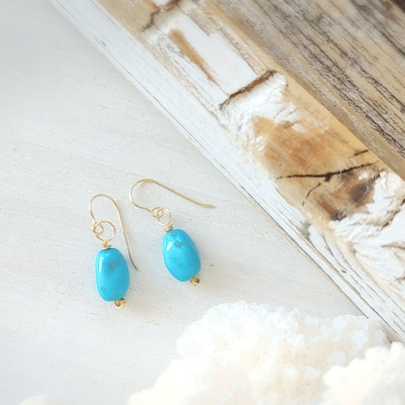 2023ss限定♡Blue sky piece earrings All 14kgf♡鮮やかな美しさ♡美しいターコイズ 2枚目の画像