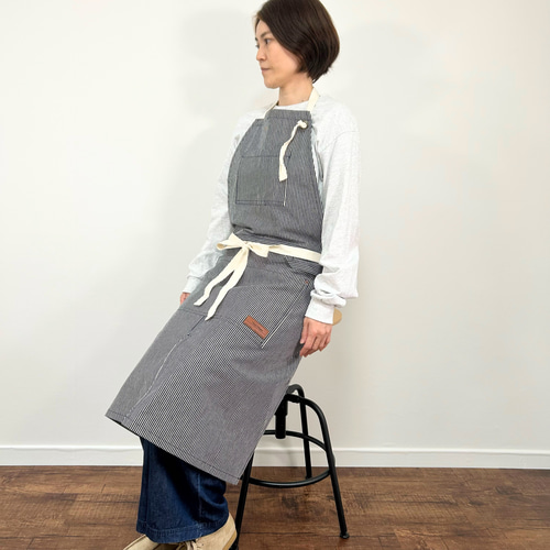 本革タグ名入れ可 ヒッコリーデニムのワークエプロン メンズ