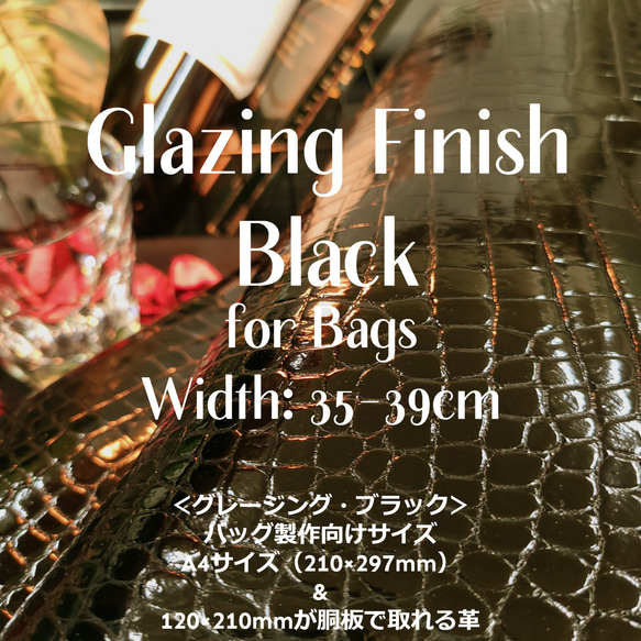 ワニ革　クロコ　グレージング(艶)　黒「バッグ製作向け・幅35/39cm」サイズ　No.CM0048 1枚目の画像