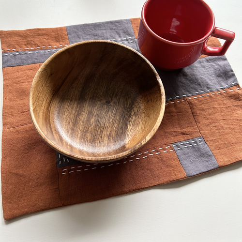 パッチワーク&刺し子マルチクロス☆オレンジ×グレー(1枚) ランチョン