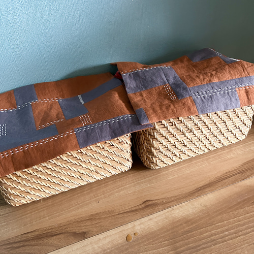 パッチワーク&刺し子マルチクロス☆オレンジ×グレー(1枚) ランチョン