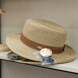 春と夏の日本モデルシンプルなカジュアルな日フラットトップ平らなつばの麦わら帽子日焼け防止ビーチの日を取るウェビング装飾麦 1枚目の画像