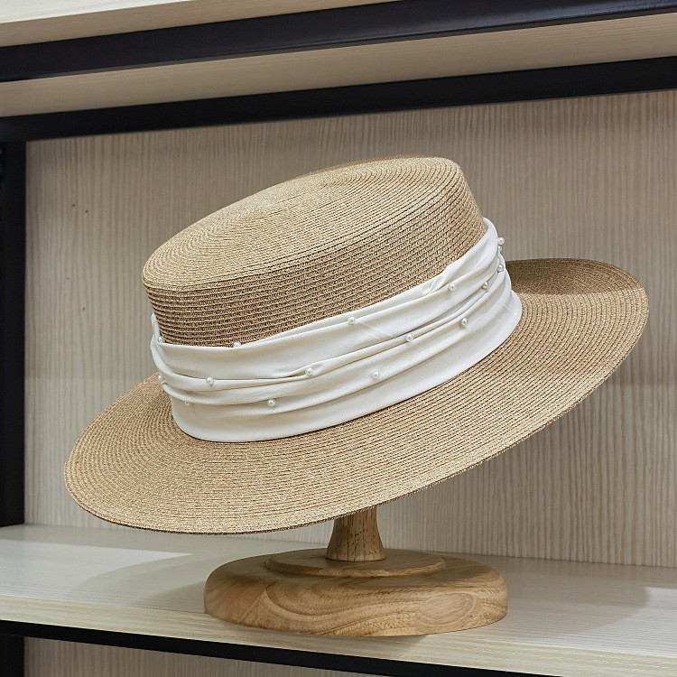 春夏AD混合色細かい目の肥えたフラットトップパール折りたたみゾウ布装飾日取る日焼け防止ビーチファッション麦わら帽子