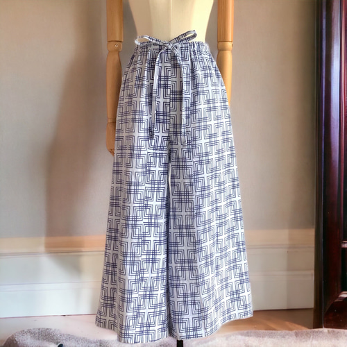 ワイドパンツ【送料無料】浴衣リメイク ブルー キュロット・ワイド