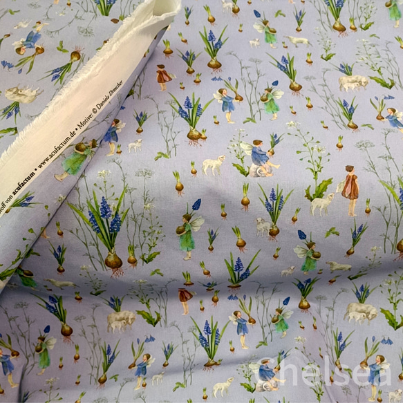 74×100cm★ acufactum エルフと球根　ドイツ　輸入生地 アクファクトゥム　綿100％　水色 2枚目の画像