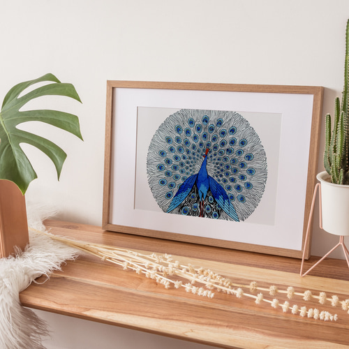 NO.440】青色の孔雀のイラストアートポスター☆ピーコック絵画