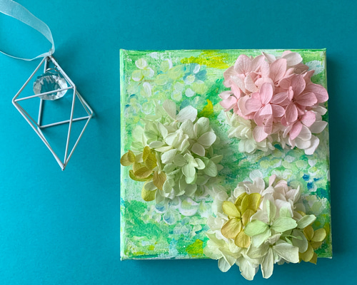 癒しのインテリアblooming joy＊ピンク系フラワーアート／キャンバス原画 原画アート『優しさと可愛らしさが溢れる紫陽花キャンバス』S