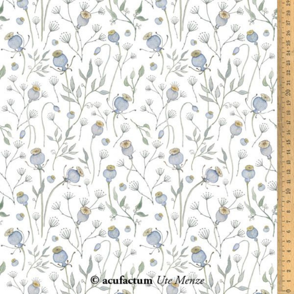 150×50cm★ ドイツ　acufactum　ホワイトポピー　輸入生地　アクファクトゥム 白　青　綿100％　水色 5枚目の画像