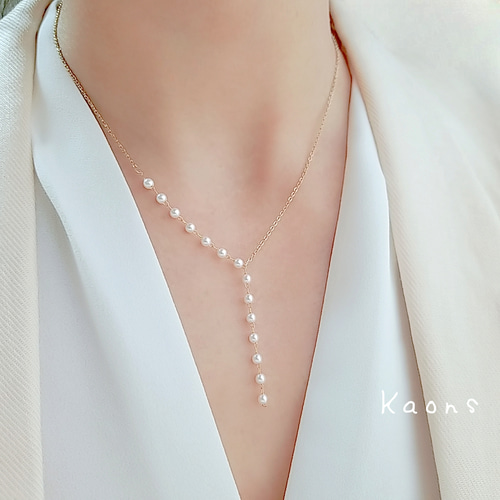 Y字 スワロフスキー パールネックレス 華奢 オフィス 可愛い シンプル