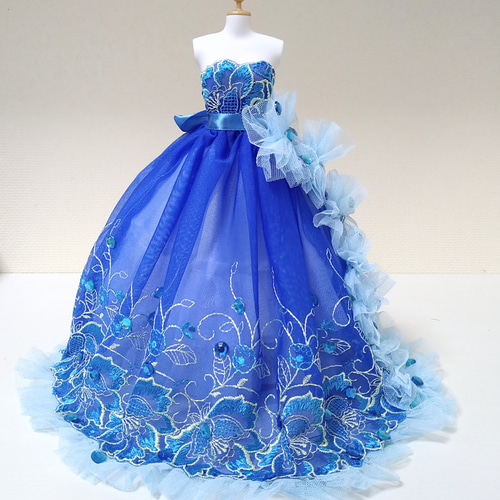 258一点物ミニチュアウエディングドレス☆ブルー青ロングカラー 258一点物ミニチュアウエディングドレス☆ブルー青ロングカラー