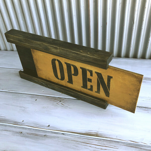 スライド木製アンティークOPEN看板【ブラック】 表札・ネーム